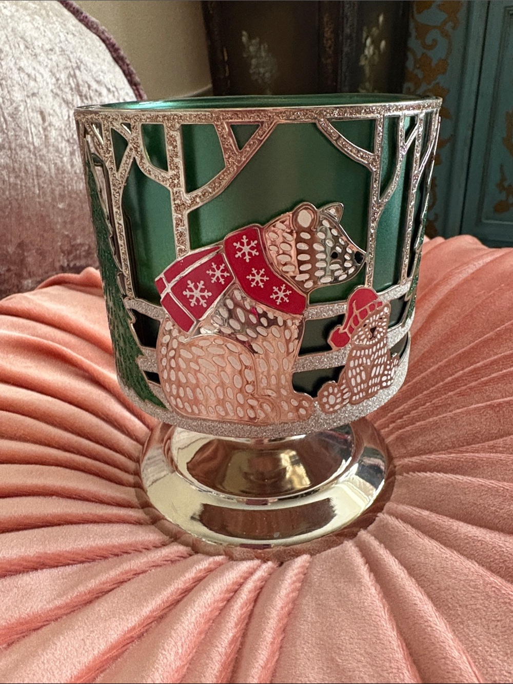 Bath and Body Works 3 wick Holiday winter metal candle holder -forest critters